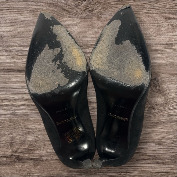 Roberto Cavalli Black Leather Metal Cap Toe Pumps Size 7 Black and Silver - Picture 7 of 9